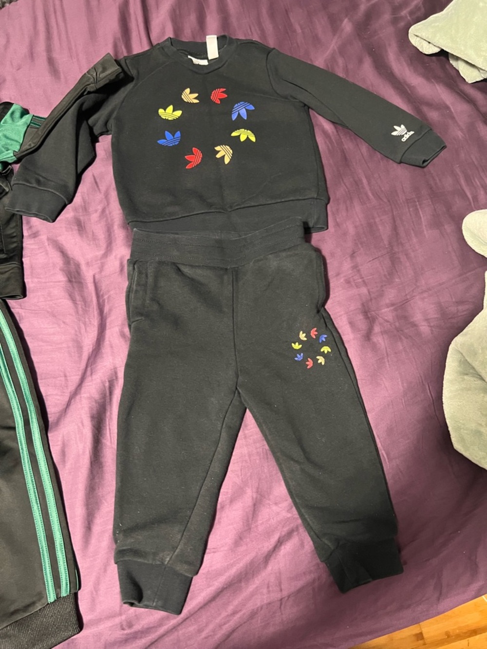 adidas Black Kids Sweatshirt & Joggers Set with Multi-Color Trefoil